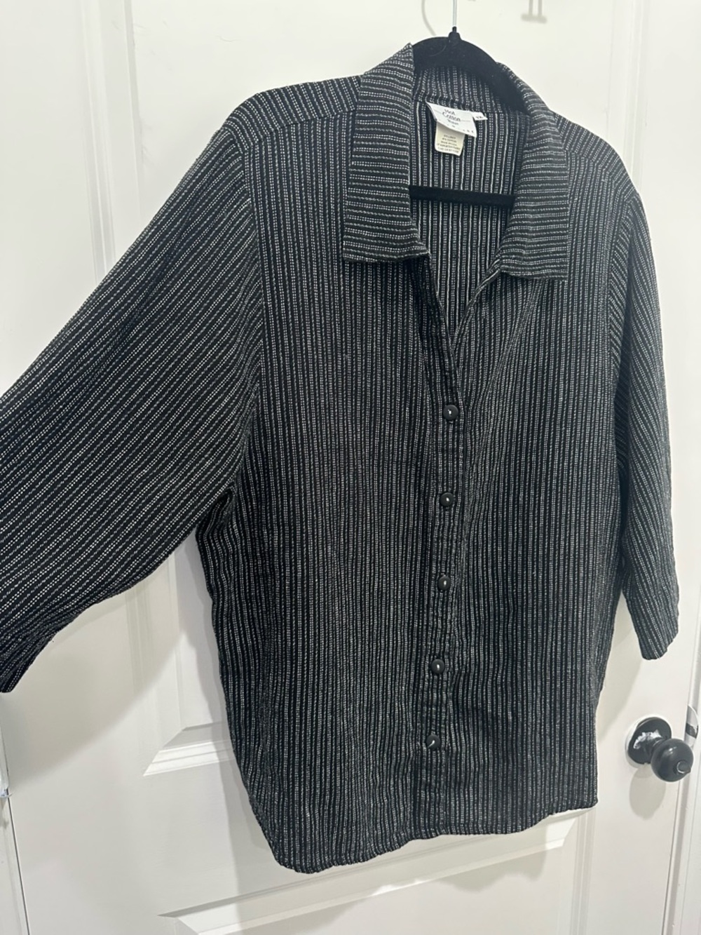 Hot Cotton Linen/ Cotton Blend Black and Gray Striped Button-Up Top